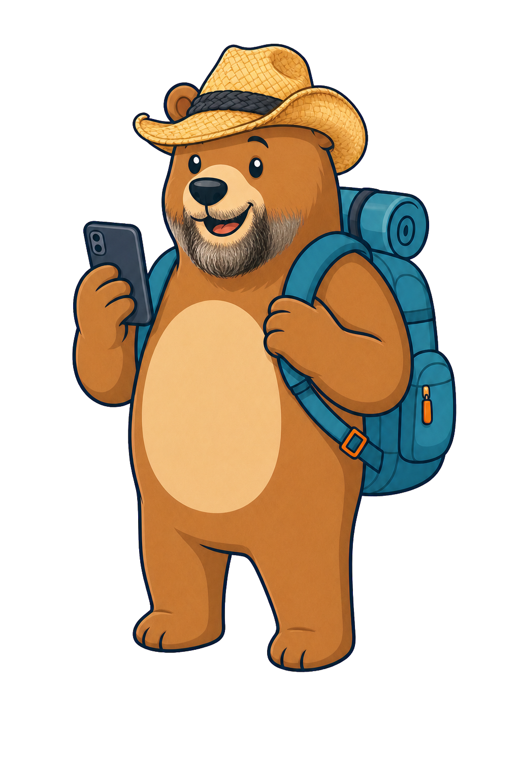 Countryman Travels brown bear mascot with a beard, straw hat, phone, and backpack