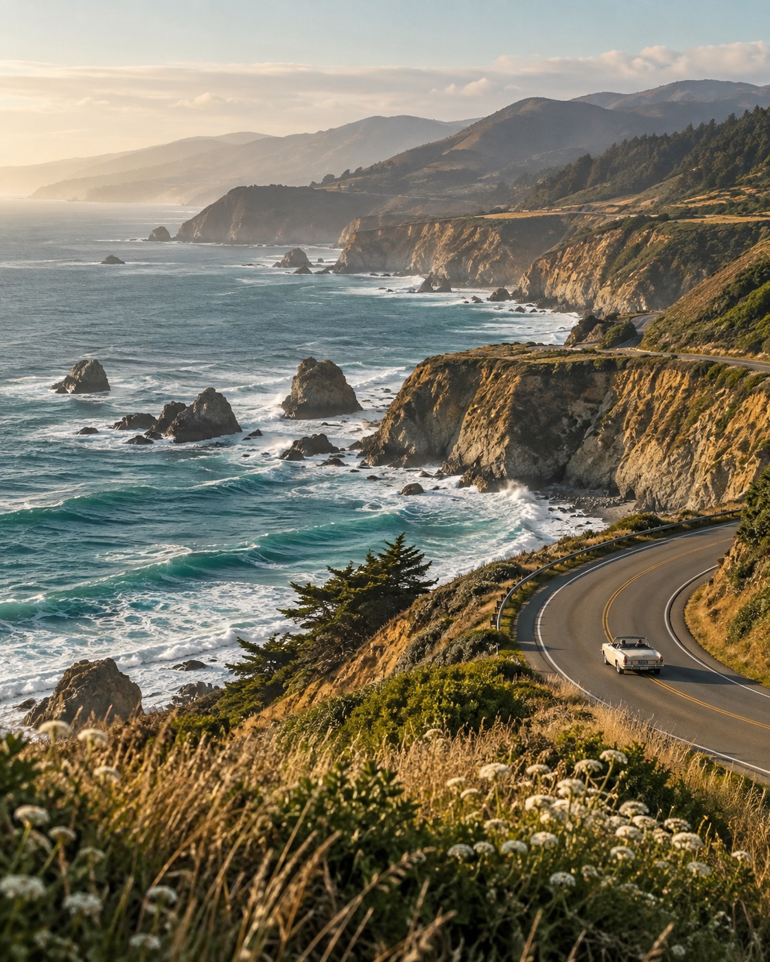 A sunlit coastal road winding above teal ocean waves — original AI-generated travel artwork