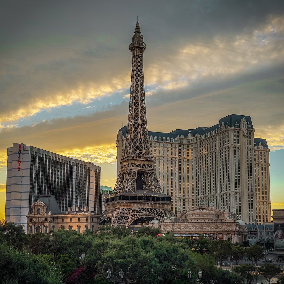 Eiffel Tower replica at Paris Las Vegas in warm sunrise light